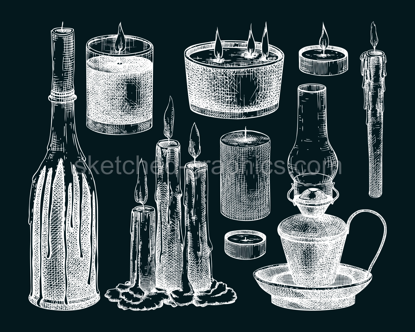 Hand drawn candles sketches collection on chalkboard. Vector illustrations of burning wax, oil lap, paraffin candles. Aromatherapy, meditation, home decor, interior. Vintage Halloween design elements Illustration